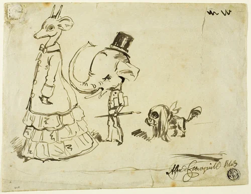 Caricature of Man, Woman and Dog by Alfred Henry Forrester, drawing, 1869