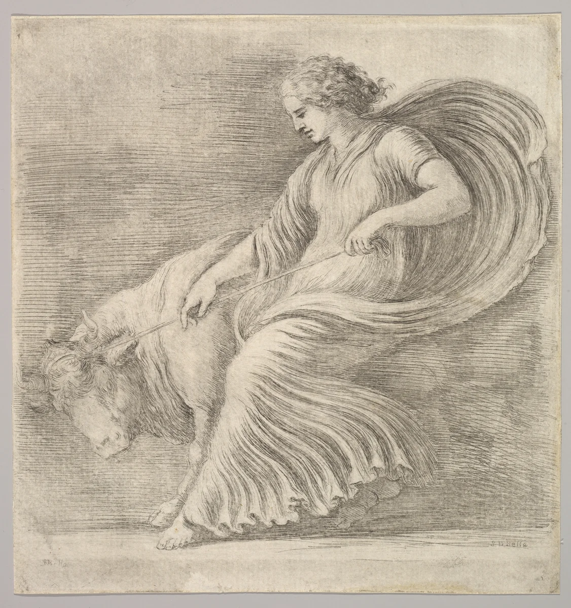 A woman in profile pulling back on a rope tied around the horns of a young bull by Stefano della Bella, print, 1660