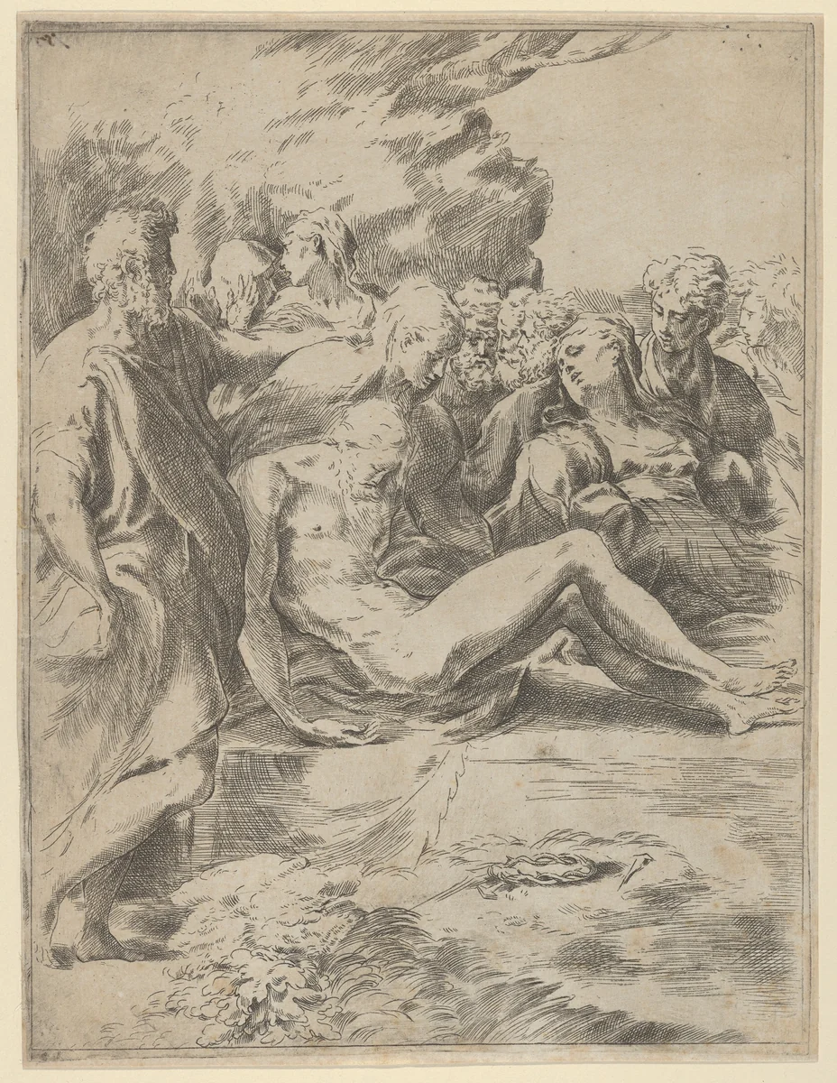 The Entombment; Christ with legs outstretched, the Virgin at right by Guido Reni, print, 1590-1600