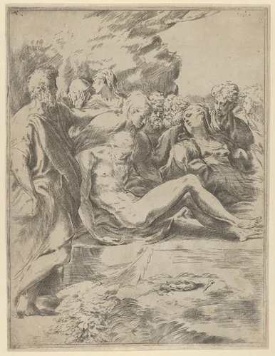 The Entombment; Christ with legs outstretched, the Virgin at right by Guido Reni, print, 1590-1600