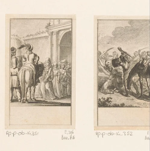 Saladin ziet toe hoe de christelijke vrouwen Jeruzalem verlaten by Daniel Nikolaus Chodowiecki, print, 1781