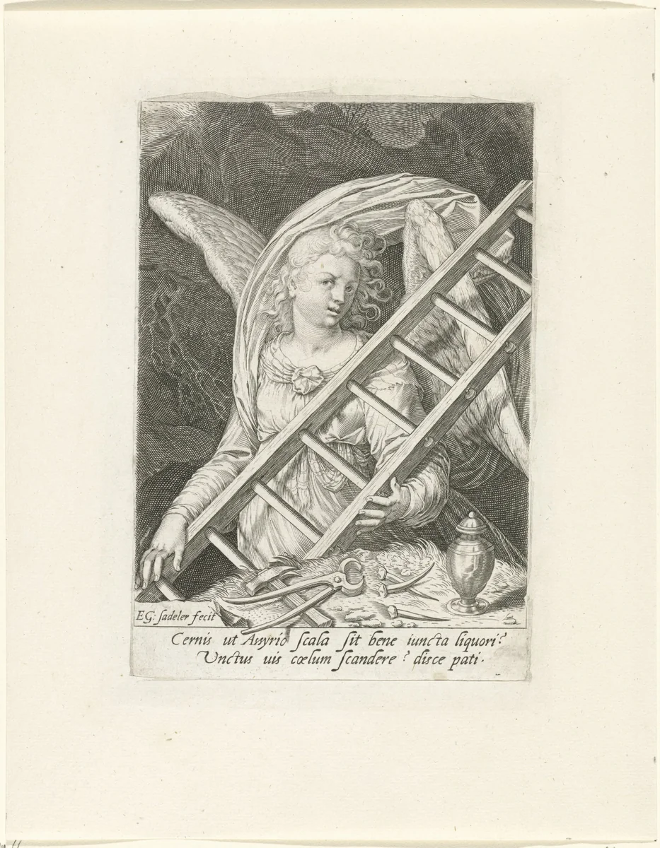 Engel met de ladder, hamer, spijkers en zalfpot by Unknown, print, 1580-1629