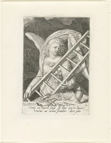 Engel met de ladder, hamer, spijkers en zalfpot by Unknown, print, 1580-1629
