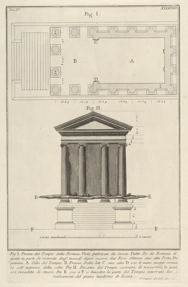 Plan and facade of the Temple of Fortuna Virilis (Tempio della Fortuna Virile), from "Le Antichità Romane" by Giovanni Battista Piranesi, print, 1756