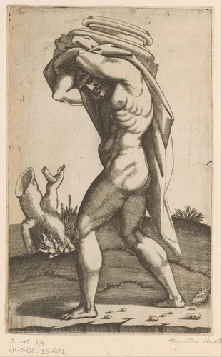 Man met het basement van een zuil op zijn rug by Unknown, print, 1500-1536