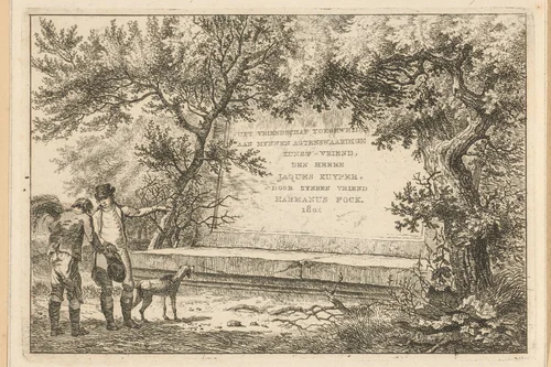 Twee mannen bij stenen cartouche by Hermanus Fock, print, 1801