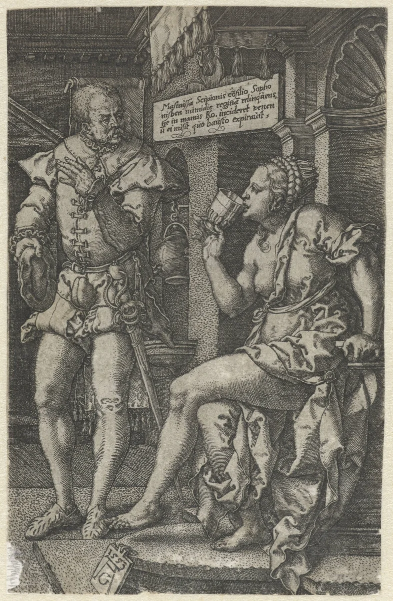 Sophonisba drinkt vergif by Unknown, print, 1553