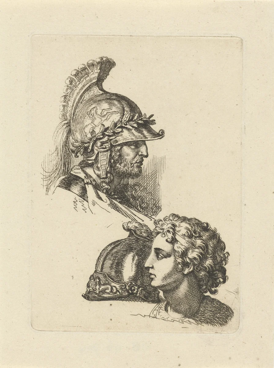 Twee studiekoppen by Gerard de Lairesse, print, 1670