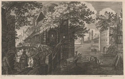 Gondolas on a River by a Palace by Aegidius Sadeler II; Pieter Stevens, print, 1600-1615
