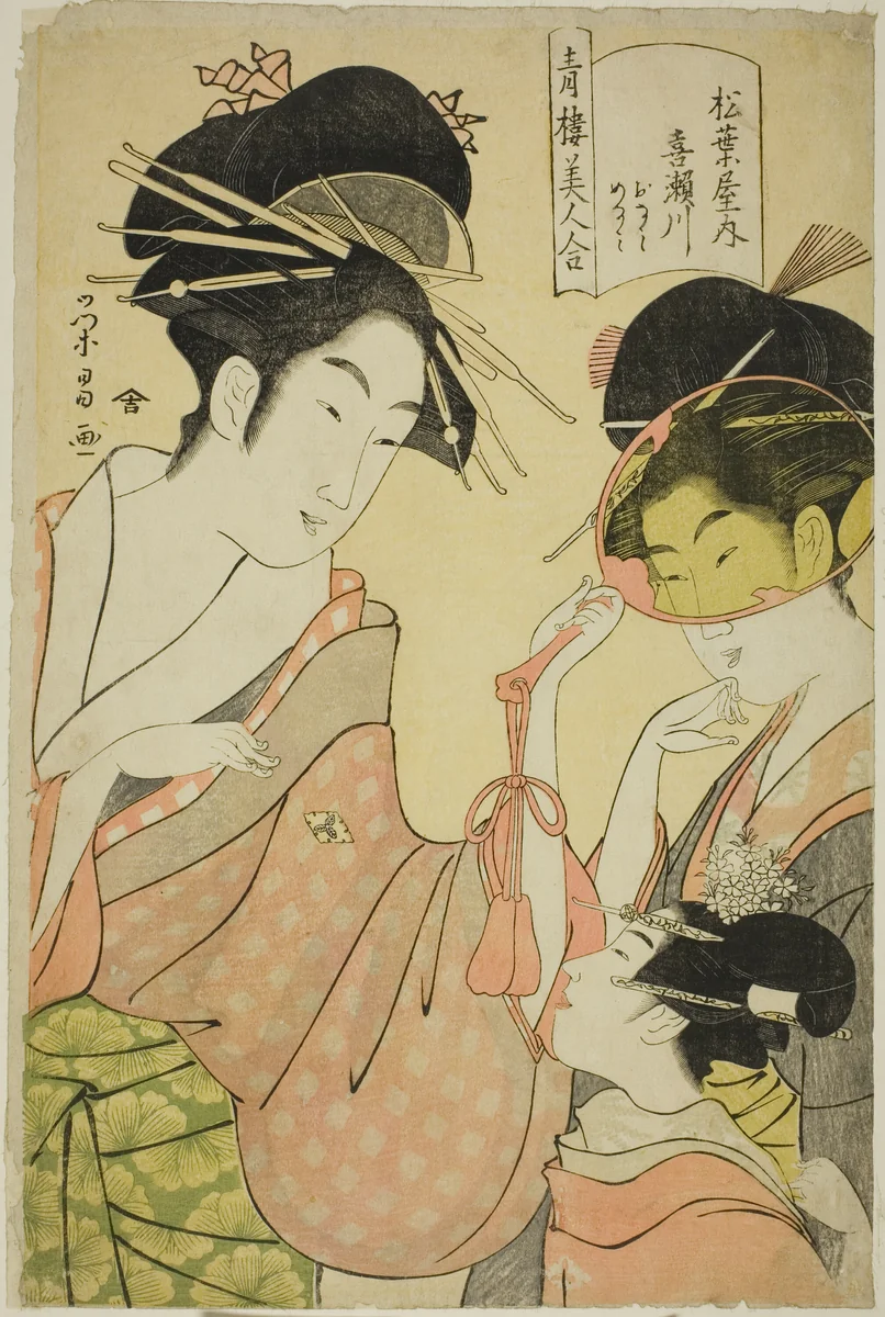Beauties of the Pleasure Quarters (Seiro bijin awase): Kisegawa of the Matsubaya with Attendants Onami and Menami by Chobunsai Eishi, print, 1792-1802