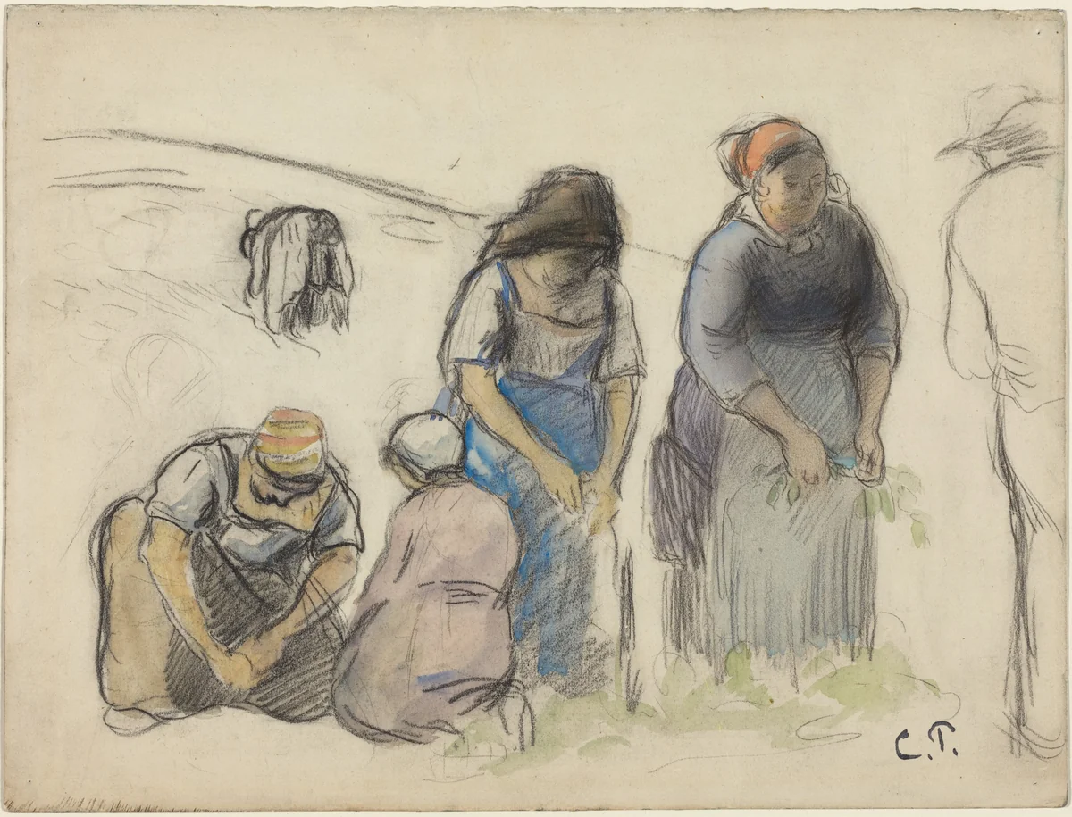 Pea Harvesters [recto] by Camille Pissarro, drawing, 1880