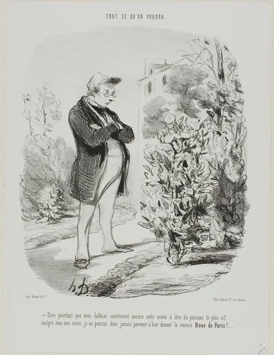 “- Dire pourtant que mes dahlias continuent encore cette année à être du ponceau le plus vif . . . . malgré tous mes soins, je ne pourrai donc jamais parvenir à leur donner la nuance Boue de Paris !...,” plate 6 from Tout Ce Qu'on Voudra by Honoré-Victorin Daumier, print, 1847