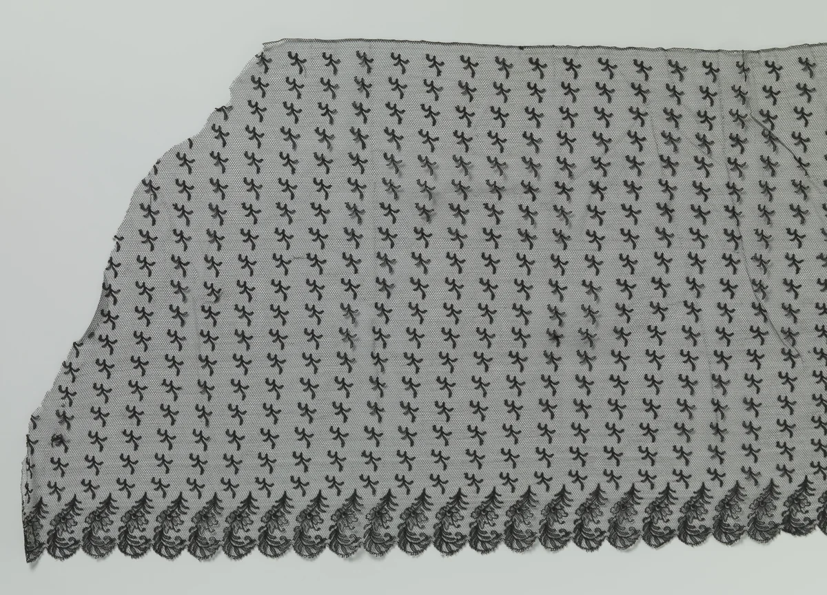 Strook zwarte machinale kant met een onderzijde van j-vormige gevederde bladeren met bloem by anonymous, other, 1885-1895