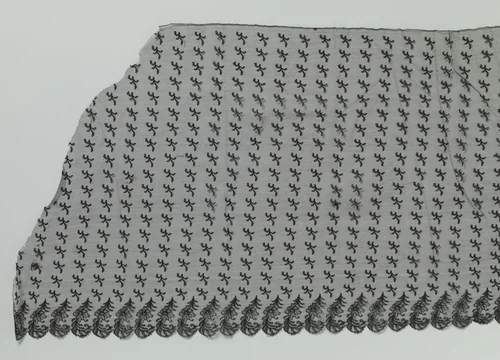 Strook zwarte machinale kant met een onderzijde van j-vormige gevederde bladeren met bloem by anonymous, other, 1885-1895