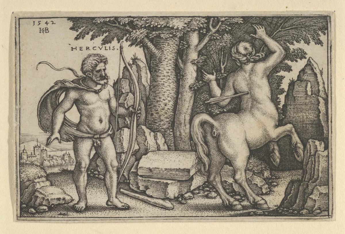Hercules Killing Nessus, from "The Labors of Hercules" by Sebald Beham, print, 1542