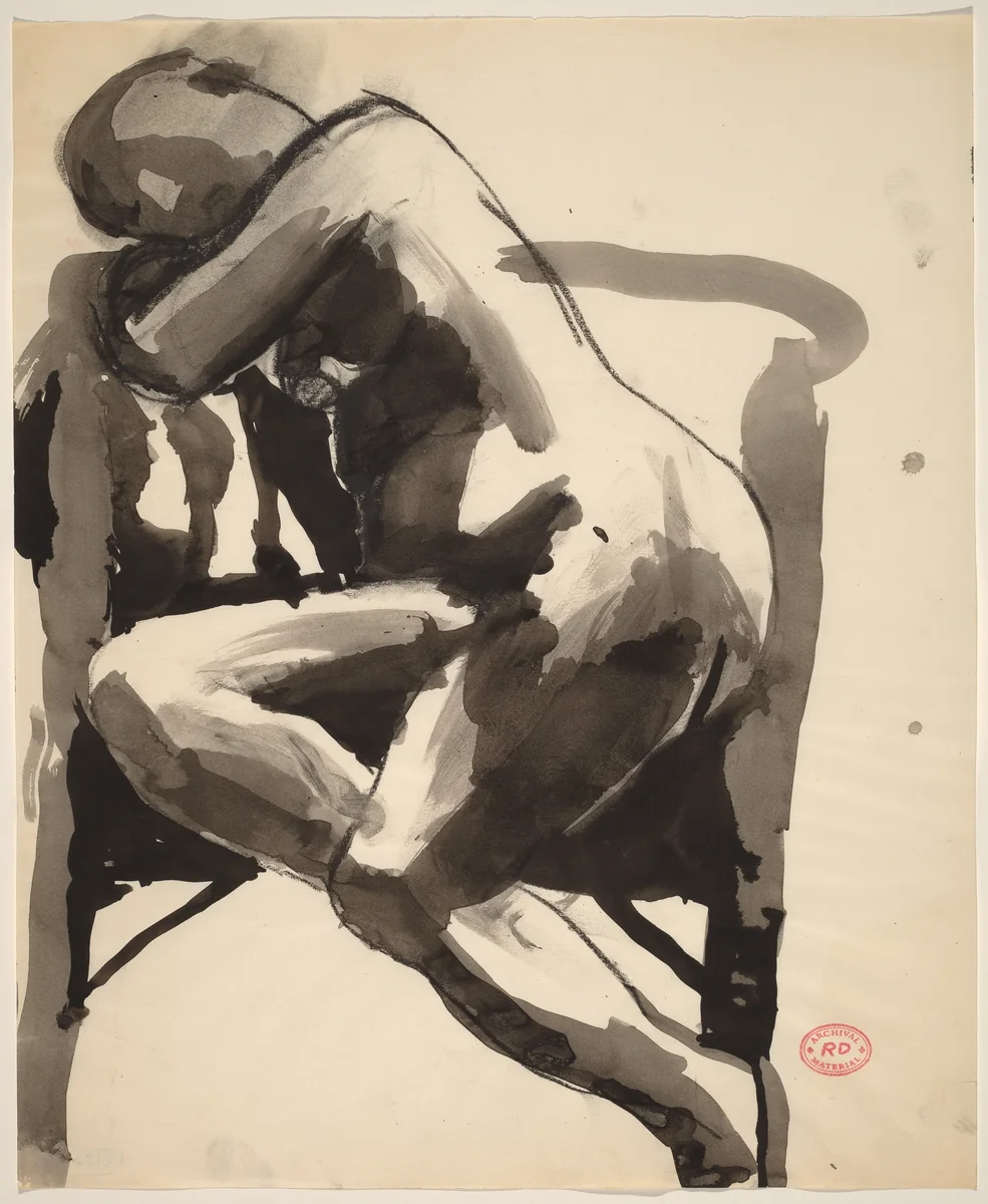 Untitled [seated female nude leaning into a chair] by Richard Diebenkorn, drawing, 1955-1967