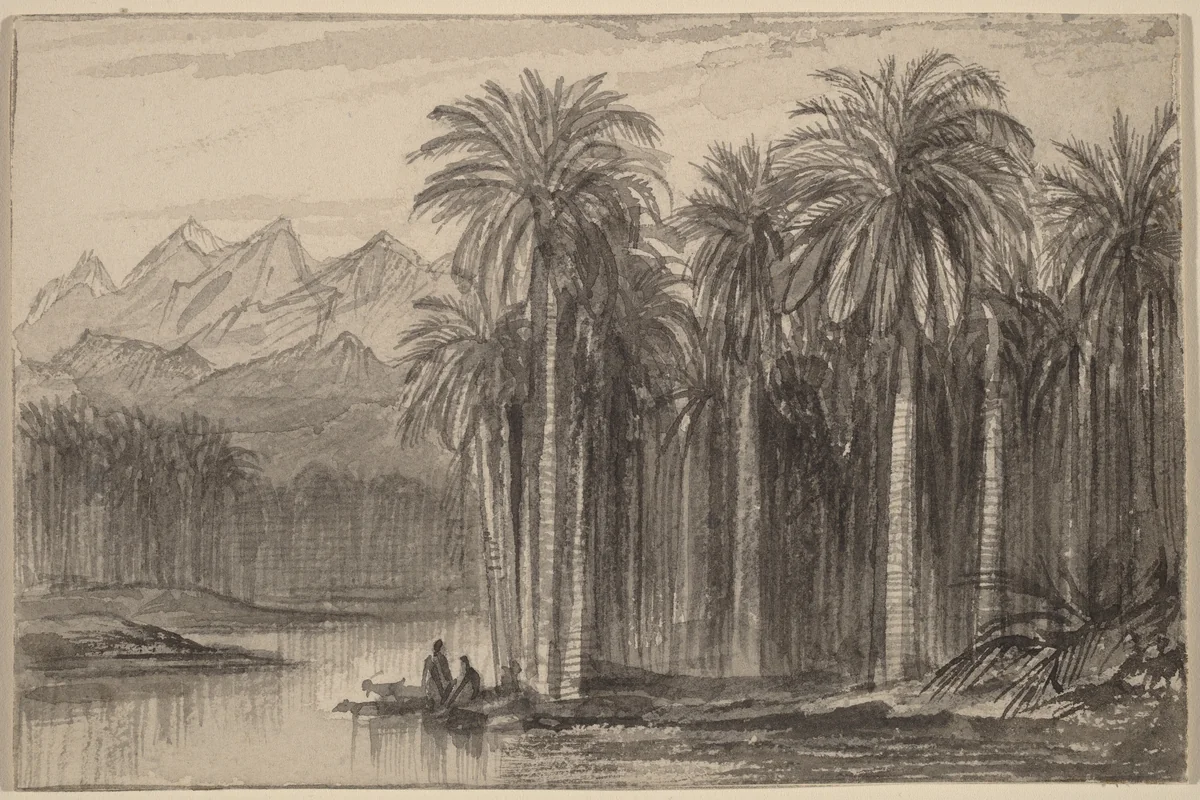 Figures Setting Out in Canoes from a Palm Grove (Wady Feiran) by Edward Lear, drawing, 1884-1885