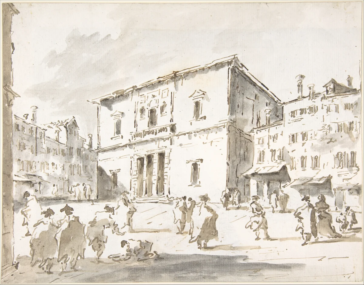 The Fenice Theater in Venice (recto); Fragment of a Larger Drawing Representing Part of a Column and a Cornice (verso) by Francesco Guardi, drawing, 1712-1835