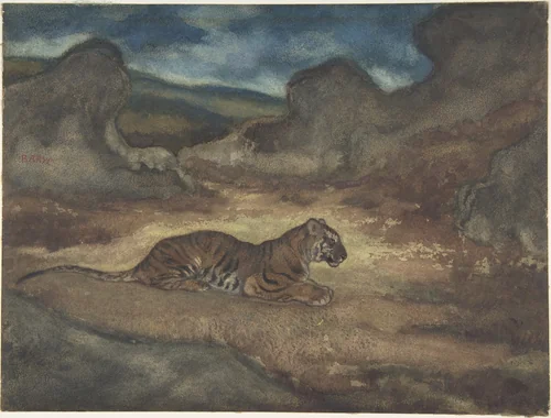 Tiger in Landscape by Antoine-Louis Barye, drawing, 1810-1875