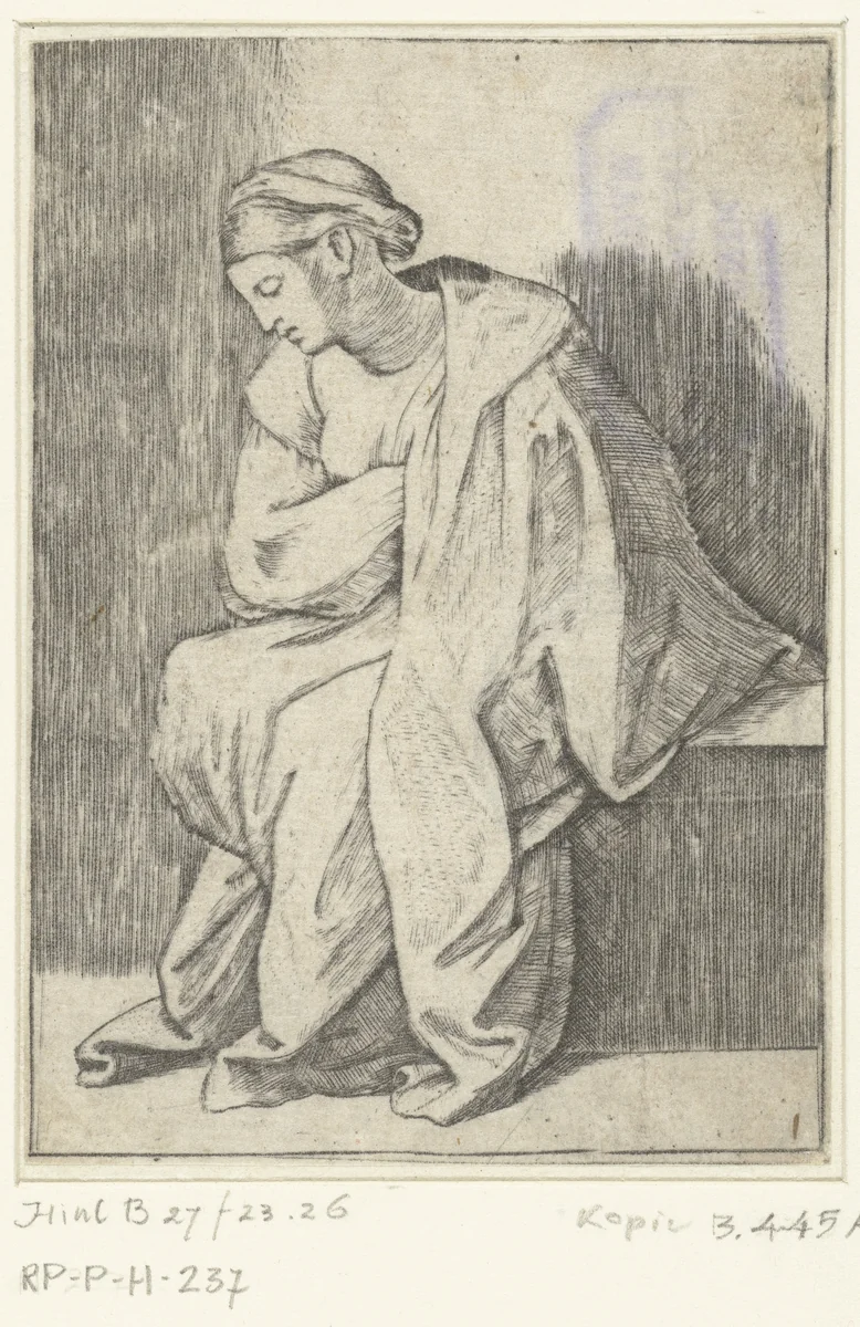 Zittende vrouw in overpeinzing by anonymous, print, 1510-1575