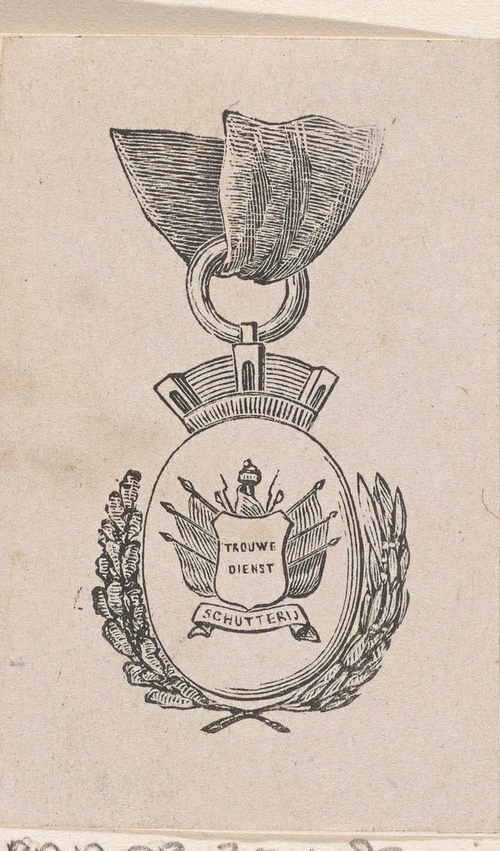 Vignet met een medaille voor trouwe dienst bij een schutterij by Isaac Weissenbruch, print, 1836-1912