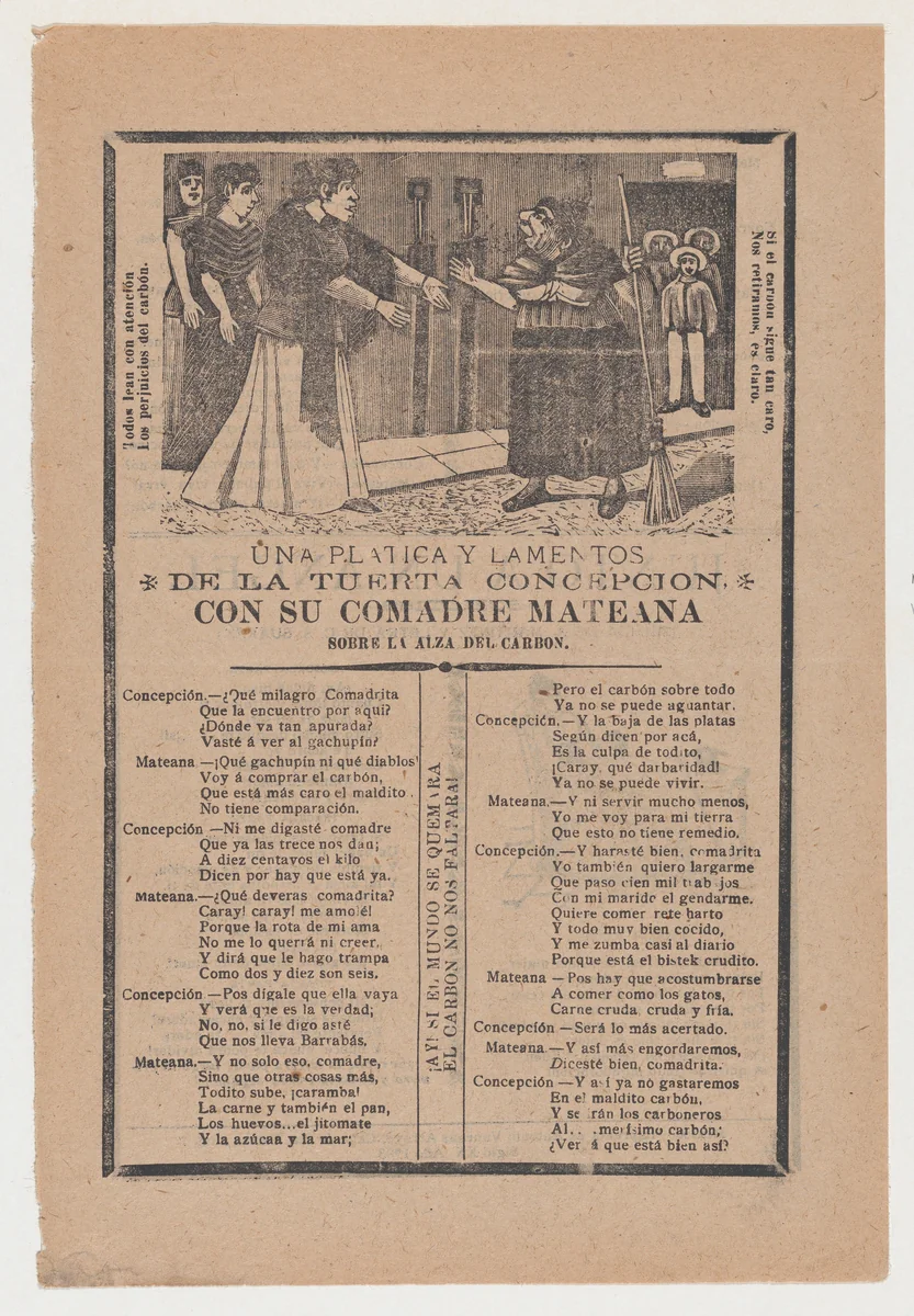 Broadsheet relating to a dialogue between Concepcion and her friend Mateana by José Guadalupe Posada, print, 1903