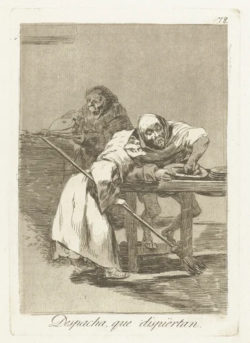 Wees snel, zij worden al wakker by Francisco de Goya, print, 1797-1799