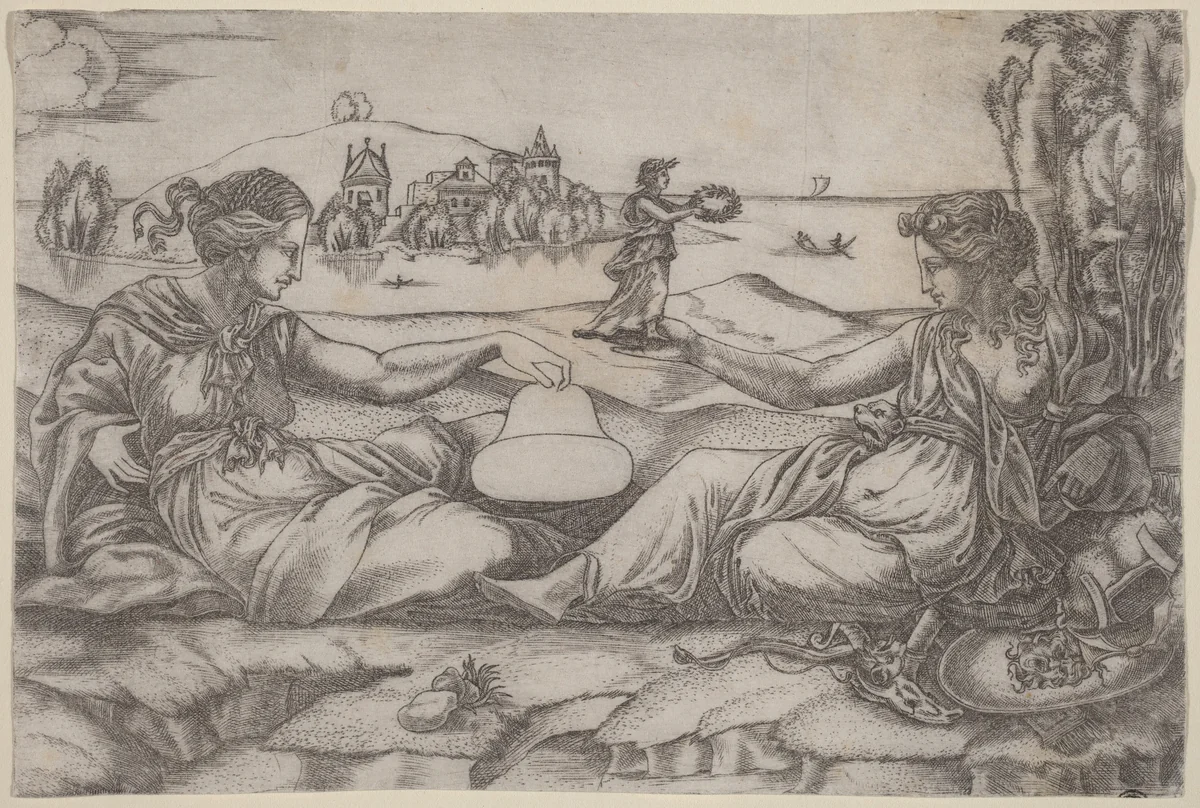 Two Allegorical Figures (Roma and Liberty?) by Master IRs, print, 1470-1560