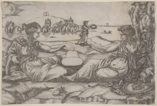 Two Allegorical Figures (Roma and Liberty?) by Master IRs, print, 1470-1560