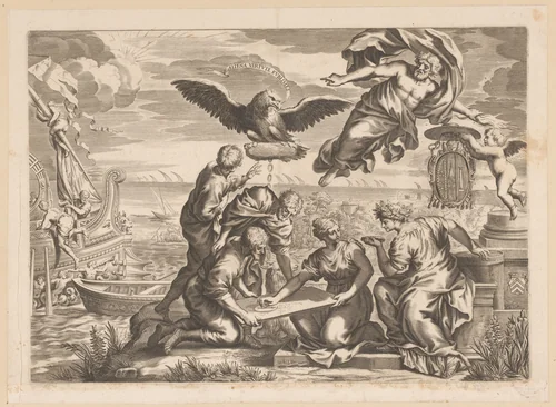 Allegorie op de buitenlandse heerschappij met Geografia en Jupiter by Charles Audran, print, 1630-1634