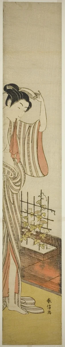 Beauty and Morning Glories by Suzuki Harunobu (鈴木春信), print, 1725-1770