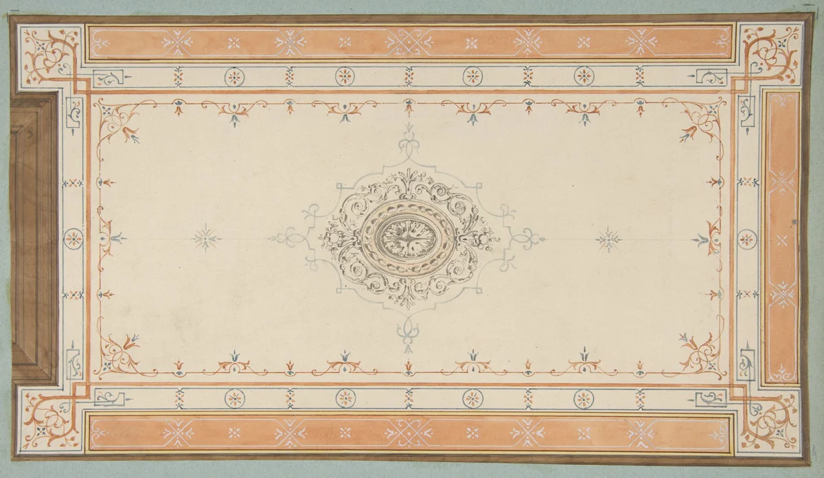 Design for the decoration of a ceiling with filagree borders and a central medallion by Jules-Edmond-Charles Lachaise, drawing, 1830-1897
