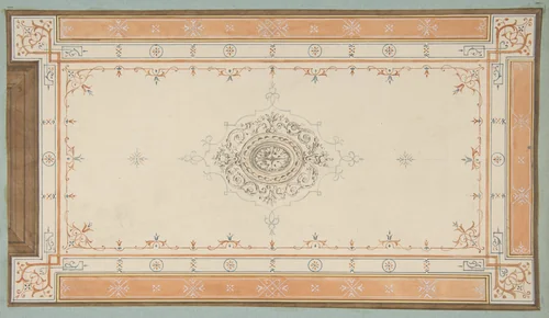 Design for the decoration of a ceiling with filagree borders and a central medallion by Jules-Edmond-Charles Lachaise, drawing, 1830-1897