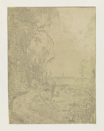 A Road Bordered by Trees, a City in the Background by Hercules Segers, print, 1622-1625