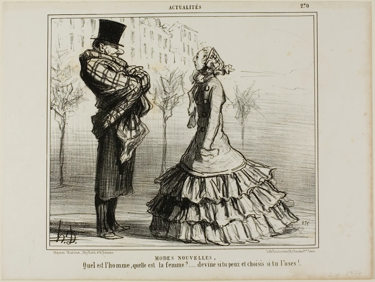 The New Fashion. Which is the man, which is the woman?... make your guess if you can and choose if you dare, plate 270 from Actualités by Honoré-Victorin Daumier, print, 1856