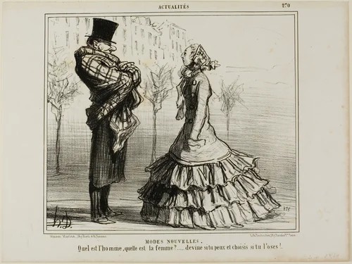 The New Fashion. Which is the man, which is the woman?... make your guess if you can and choose if you dare, plate 270 from Actualités by Honoré-Victorin Daumier, print, 1856