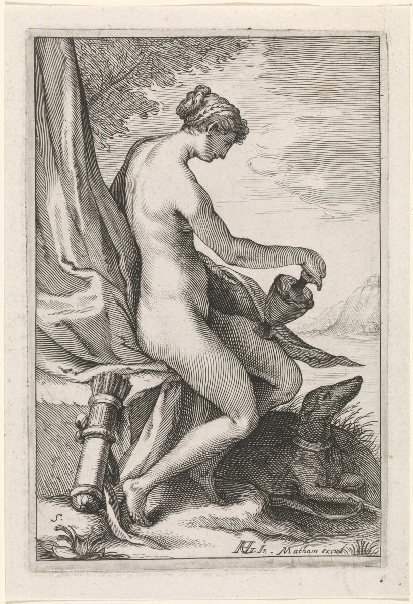 Nimf met hazewindhond by Unknown, print, 1581-1631