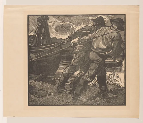 Arbeiders met touwen op oever by Johannes Josephus Aarts, print, 1881-1934