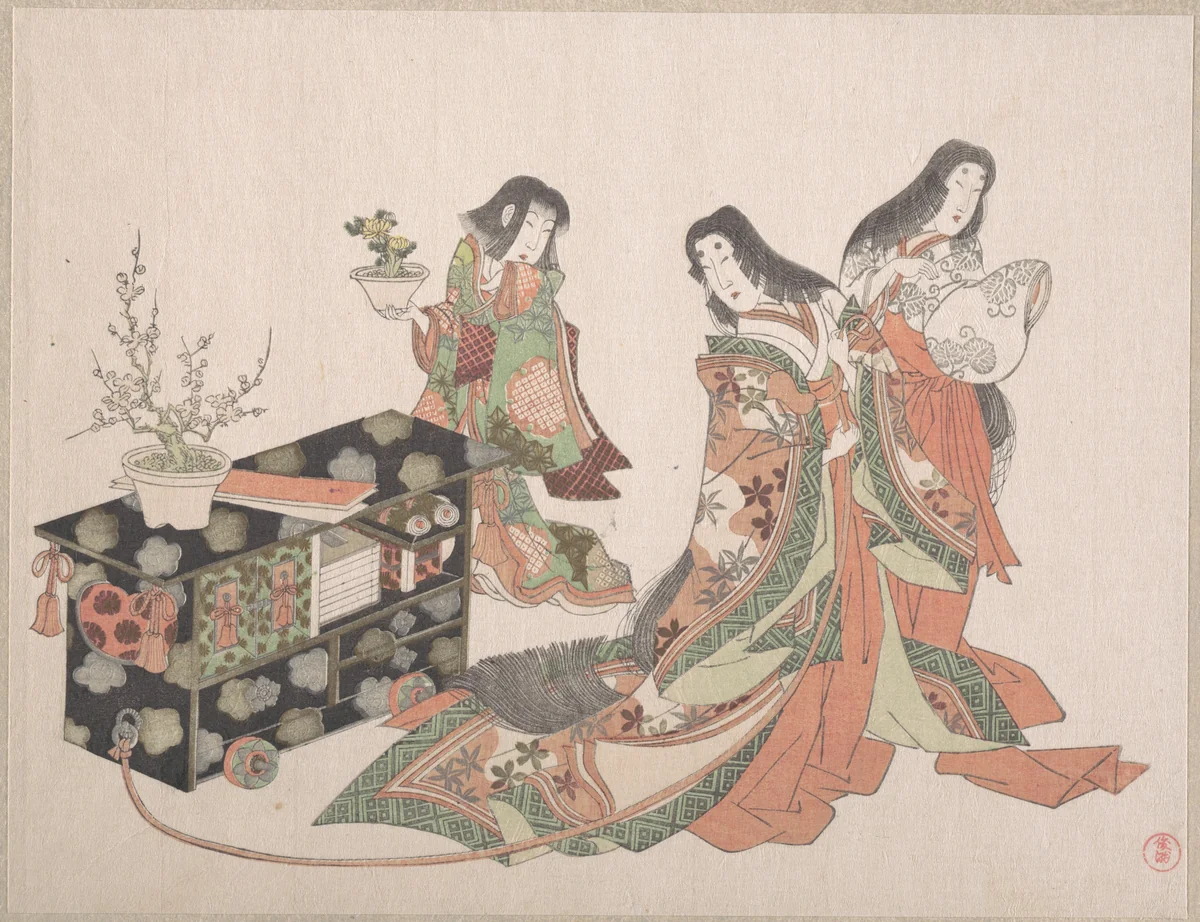 Court Ladies Dragging a Cabinet along the Floor by Kubo Shunman (窪俊満), print, 1800-1899