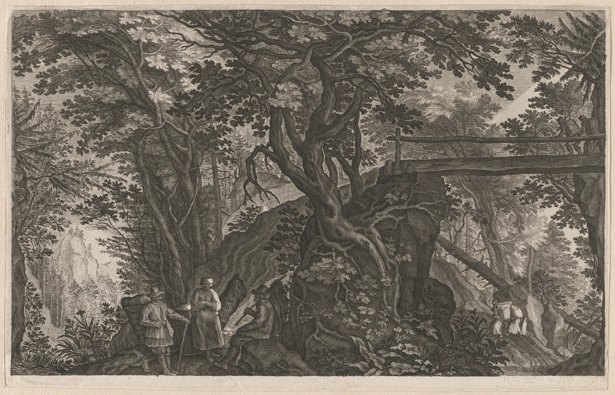 Travelers Resting in a Mountain Forest by a Log Bridge by Aegidius Sadeler II; Pieter Stevens, print, 1600-1615