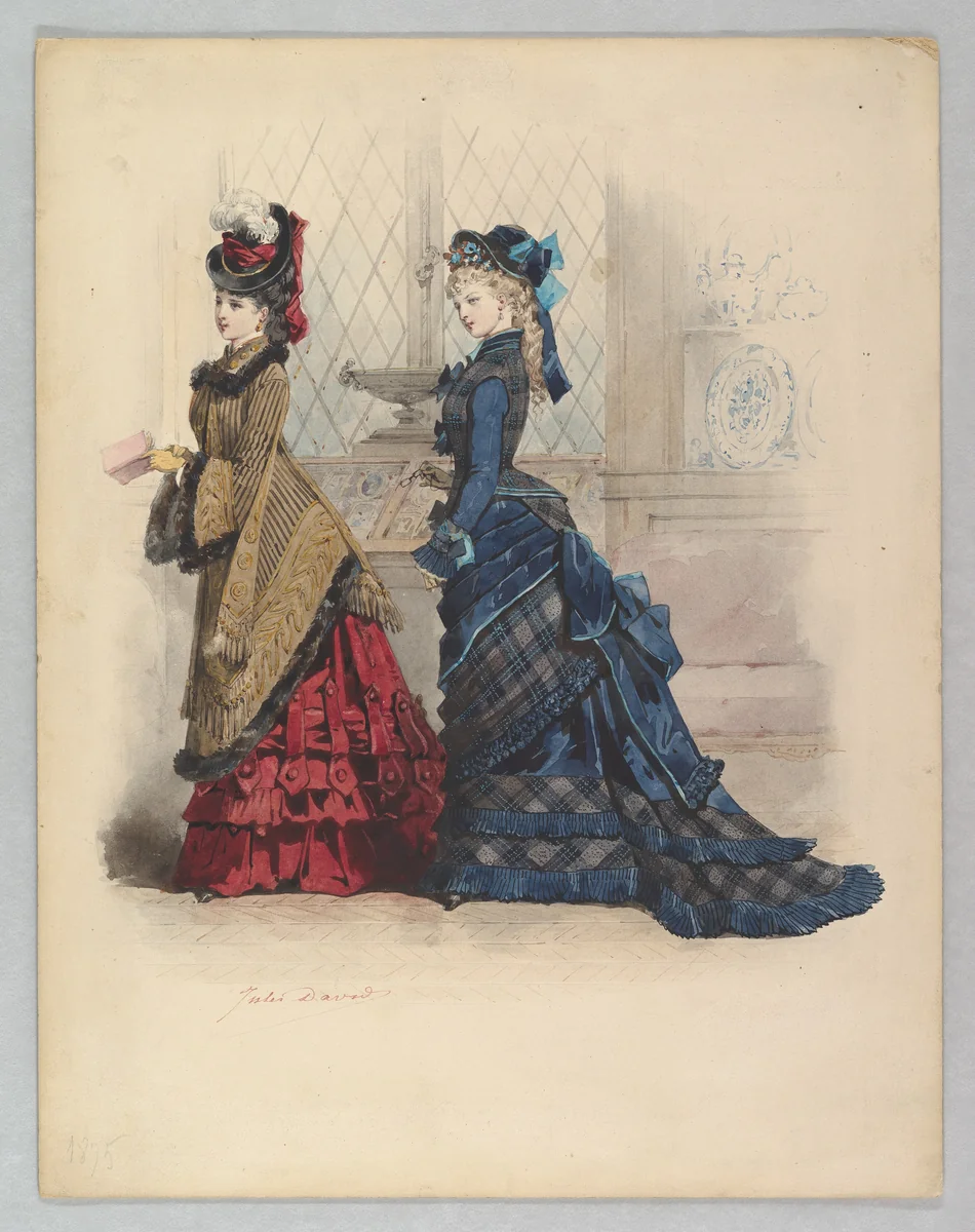 Two Women in Day Dresses by Jules David, drawing, 1875
