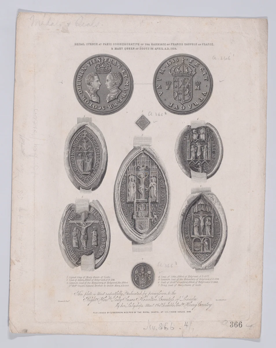 Medal commemorating the marriage of Mary, Queen of Scots to the Dauphin Francis of France, with seals and signet rings relating to Queen Mary below (from "A Souvenir of the Abbey and Palace of Holyrood") by John West, print, 1849