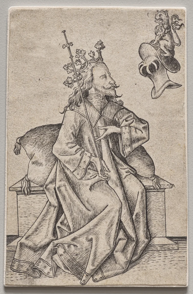 The Small Playing Cards: Second Suit: Helmets: Playing Card with King and Helmet by Master ES, print, 1450-1467