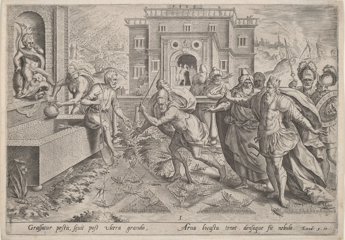 The Plague of Locusts by Jan Sadeler I; Maarten van Cleef, print, 1580-1590