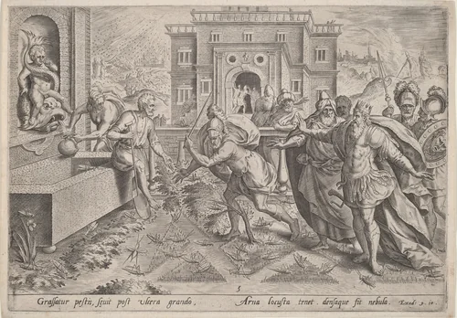 The Plague of Locusts by Jan Sadeler I; Maarten van Cleef, print, 1580-1590
