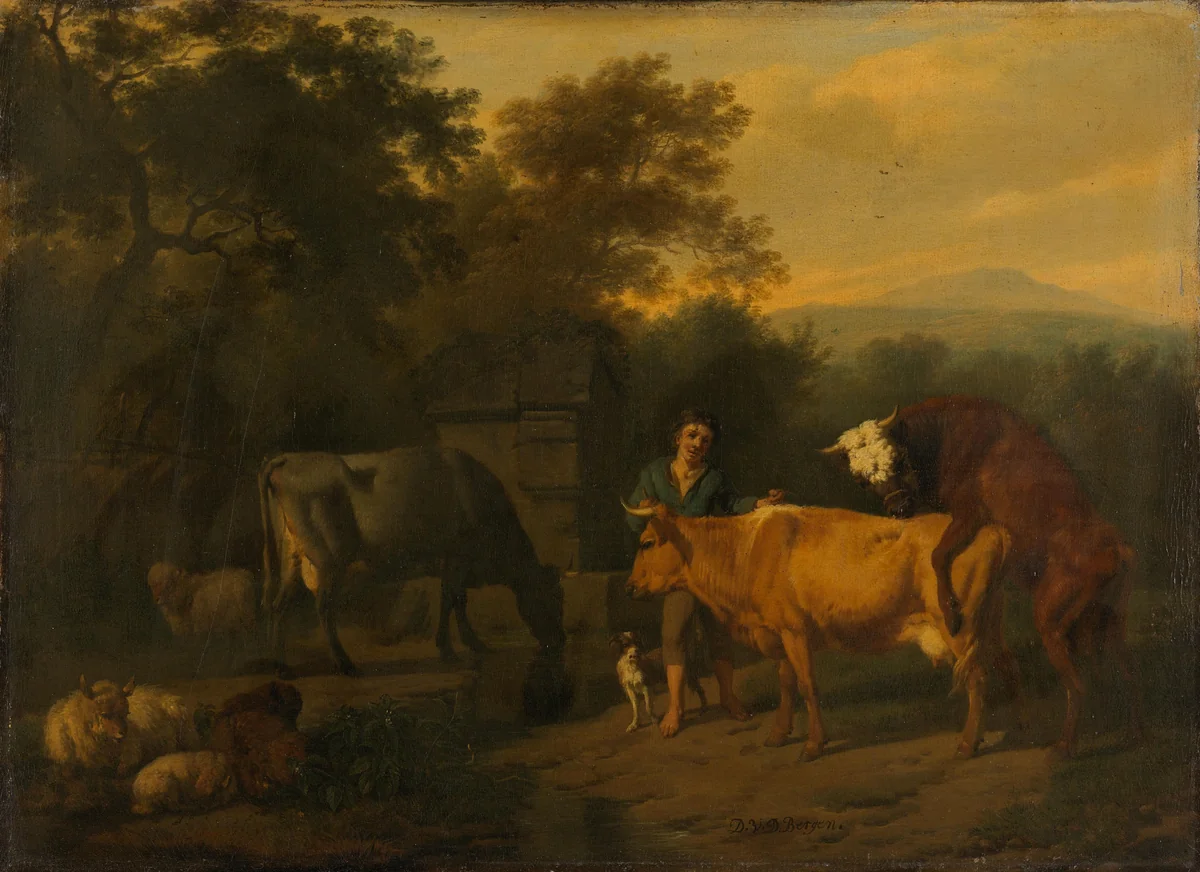Landscape with Herdsman and Cattle by Dirck van Bergen, painting, 1675-1685