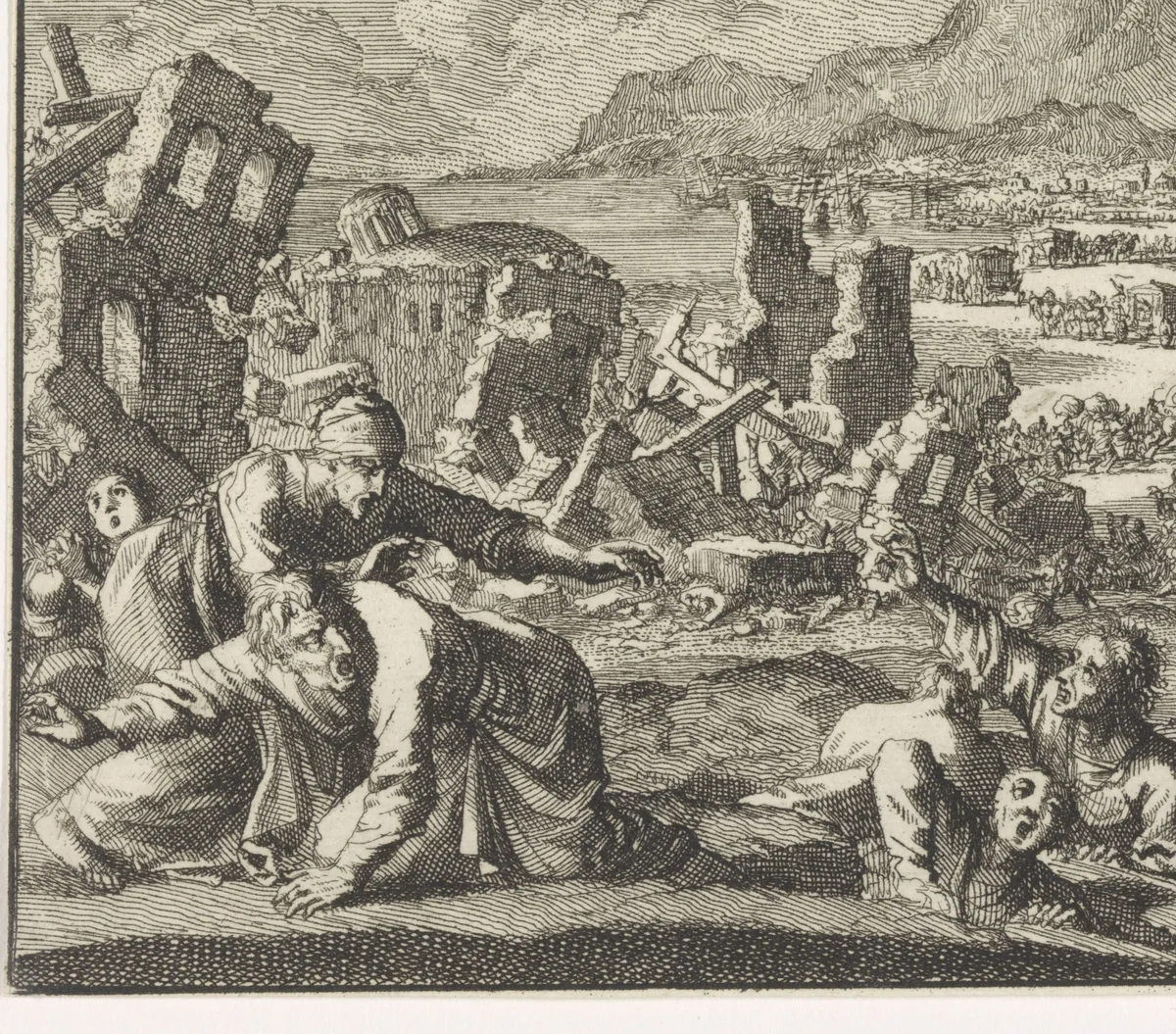 Embleem: aardbeving by Jan Luyken, print, 1695-1705