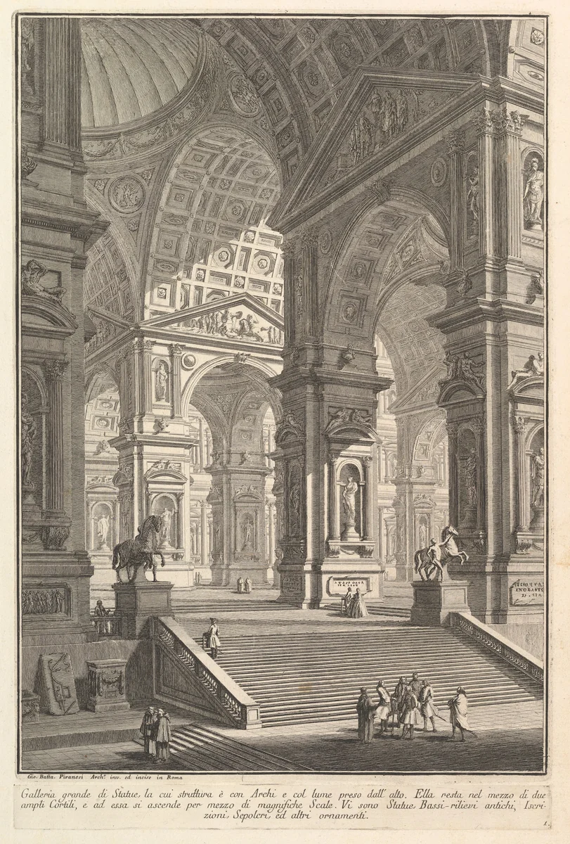 Large sculpture gallery built on arches and lit from above... (Galleria grande di Statue, la cui struttura è con Archi e col lume preso dall'alto...), from "Prima Parte di Architettura, e Prospettive" by Giovanni Battista Piranesi, print, 1745-1755