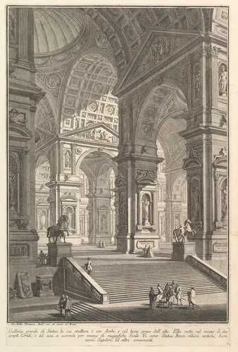 Large sculpture gallery built on arches and lit from above... (Galleria grande di Statue, la cui struttura è con Archi e col lume preso dall'alto...), from "Prima Parte di Architettura, e Prospettive" by Giovanni Battista Piranesi, print, 1745-1755