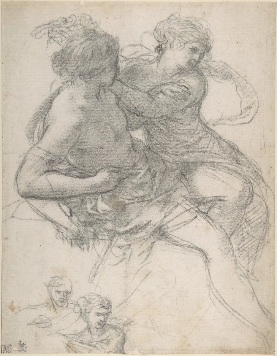 Study of Two Figures for the Age of Gold by Pietro da Cortona, drawing, 1637